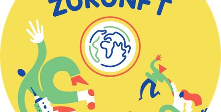 Bunte Grafik. In der Mitte eine Weltkugel. Eine Stadt angedeutet und winkende Menschen. Überschrift: Markt der Zukunft.