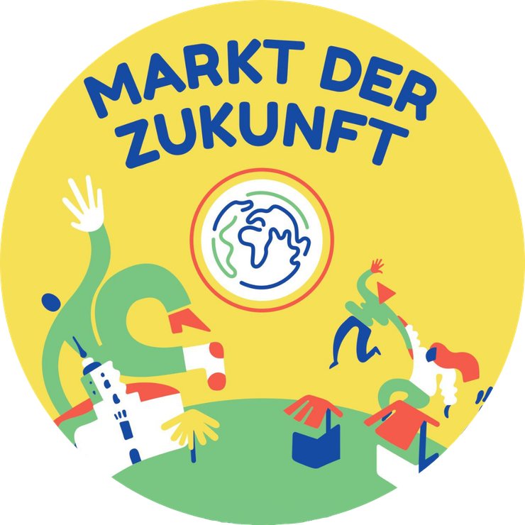 Bunte Grafik. In der Mitte eine Weltkugel. Eine Stadt angedeutet und winkende Menschen. Überschrift: Markt der Zukunft.